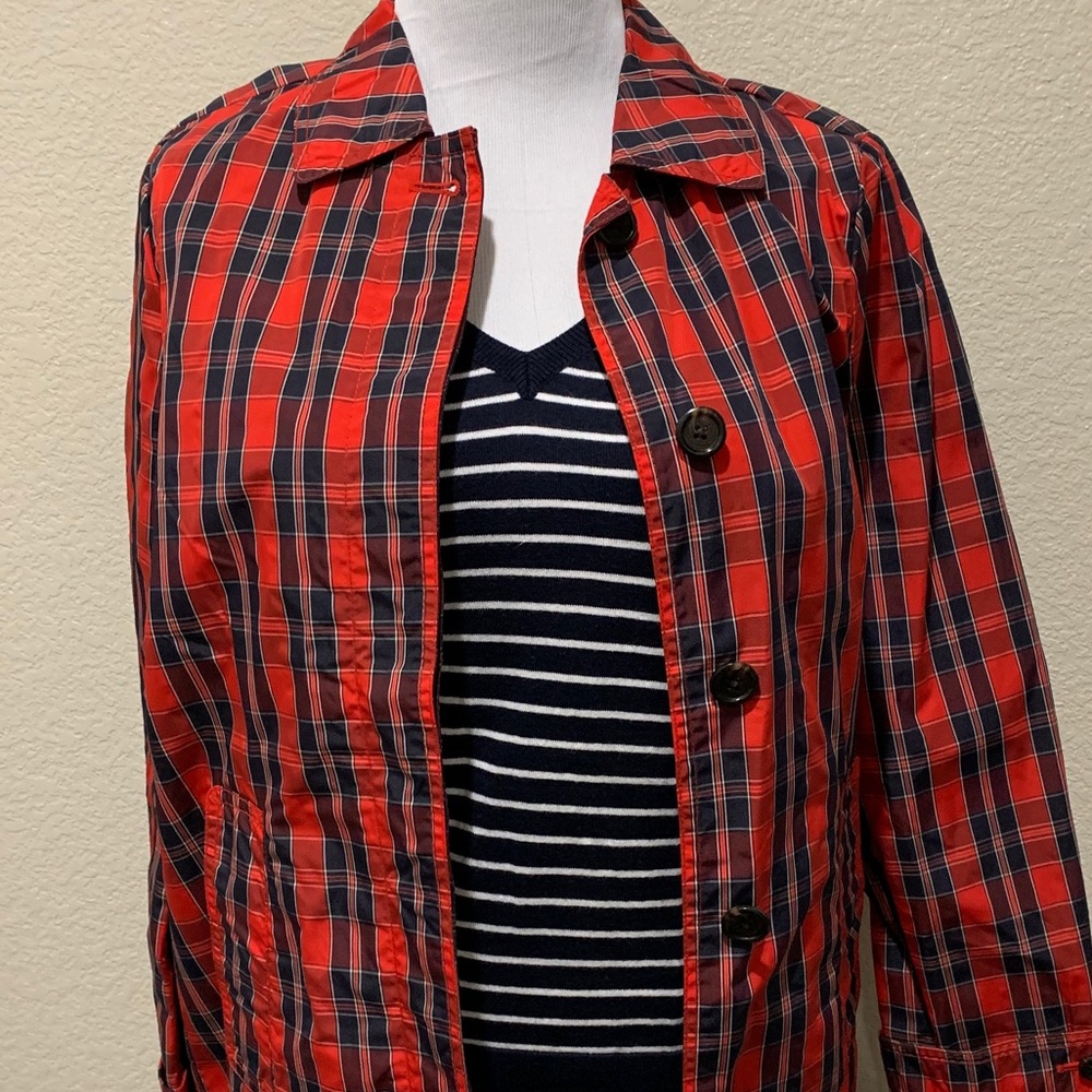 Plaid red navy JCrew trench coat rain coat XXS